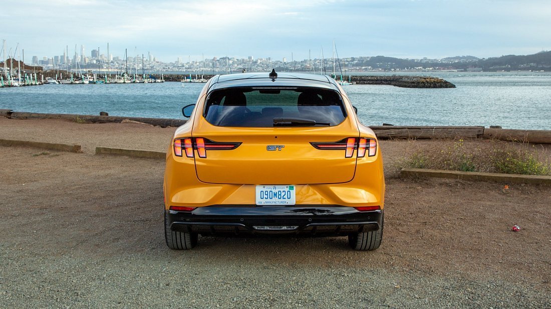 Ford Mustang Mach-E GT Performance Edition (2021-2023) rear view, taillights, trunk, spoiler, badge, bumper, exterior