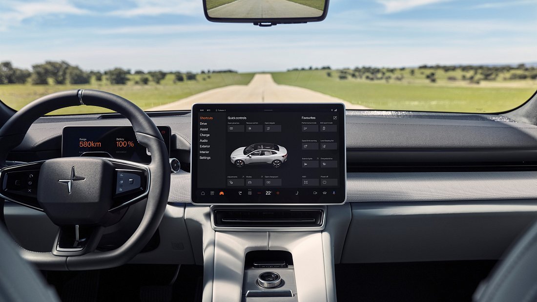 Polestar 4 Long Range Single Motor (2024-…) interior, front seat, driver seat, dashboard, steering wheel, infotainment, cockpit