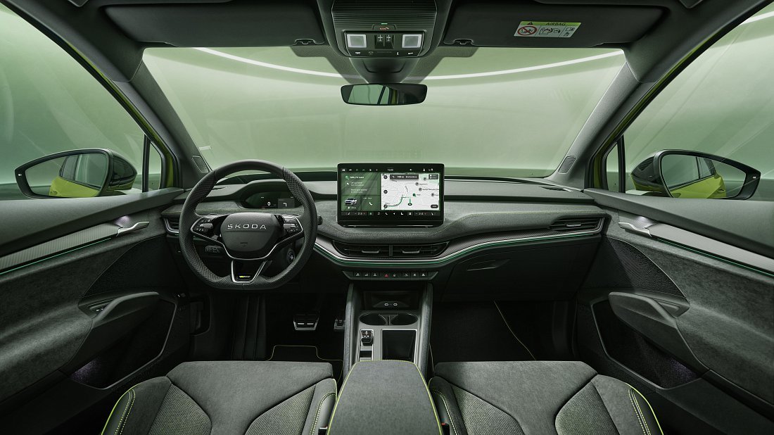 Škoda Enyaq RS (2025-...) interior photo, front seat, driver seat, dashboard, steering wheel, infotainment, cockpit