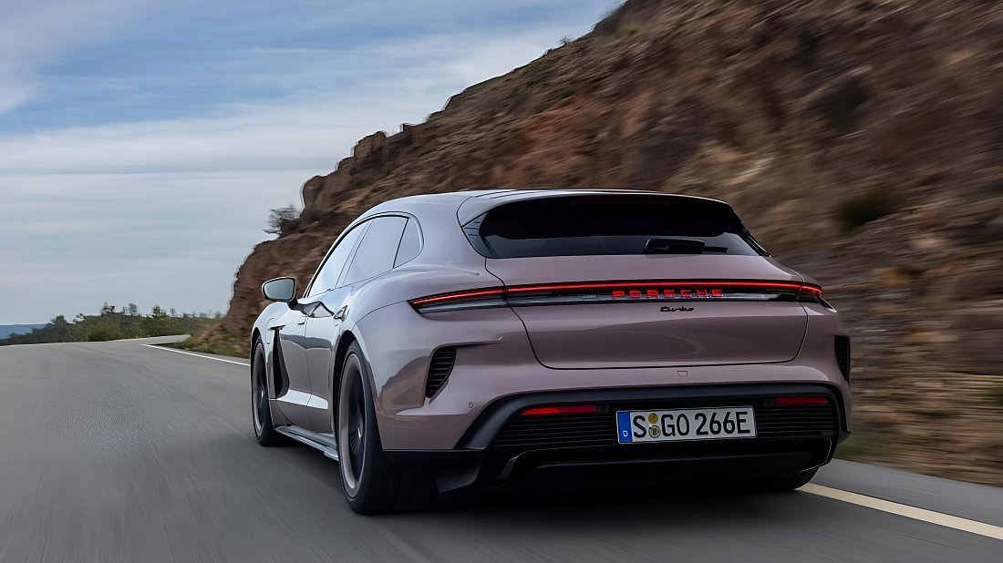 Porsche Taycan 4S Plus Sport Turismo (2024-…) rear view photo, taillights, trunk, spoiler, badge, bumper, exterior