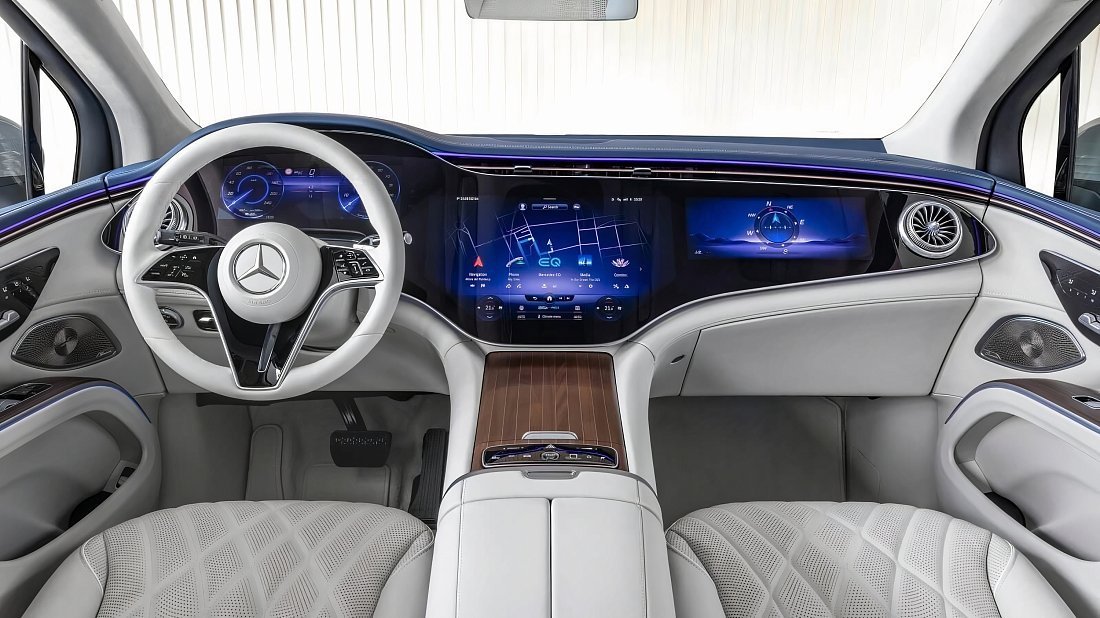 Mercedes EQS SUV 450 4MATIC (2022-2023) interior photo, front seat, driver seat, dashboard, steering wheel, infotainment, cockpit