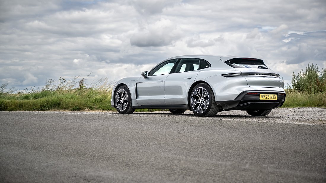 Porsche Taycan RWD Sport Turismo (2022-2024) rear quarter, three-quarter view, diagonal, exterior