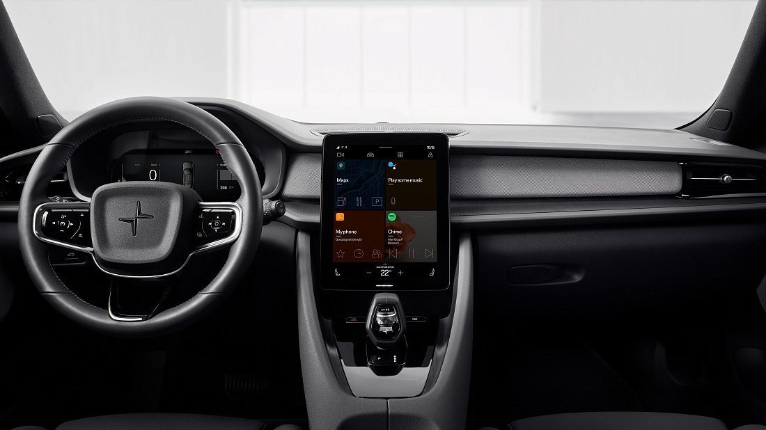 Polestar 2 Long Range Performance (2021-2023) interior, front seat, driver seat, dashboard, steering wheel, infotainment, cockpit