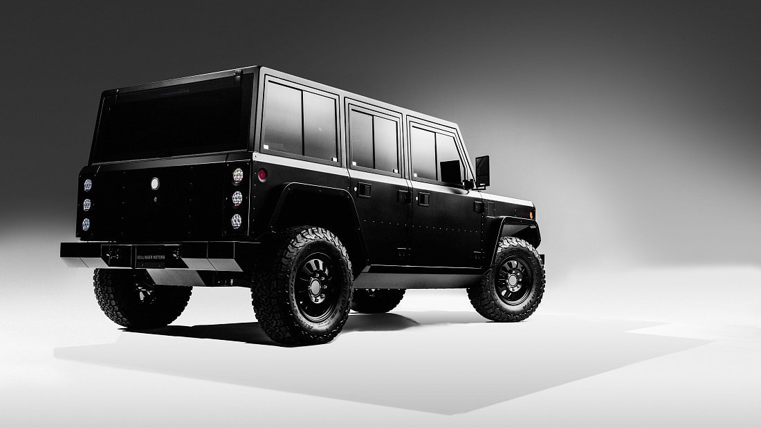 Bollinger Motors B1 120 kWh rear quarter photo, three-quarter view, diagonal, exterior