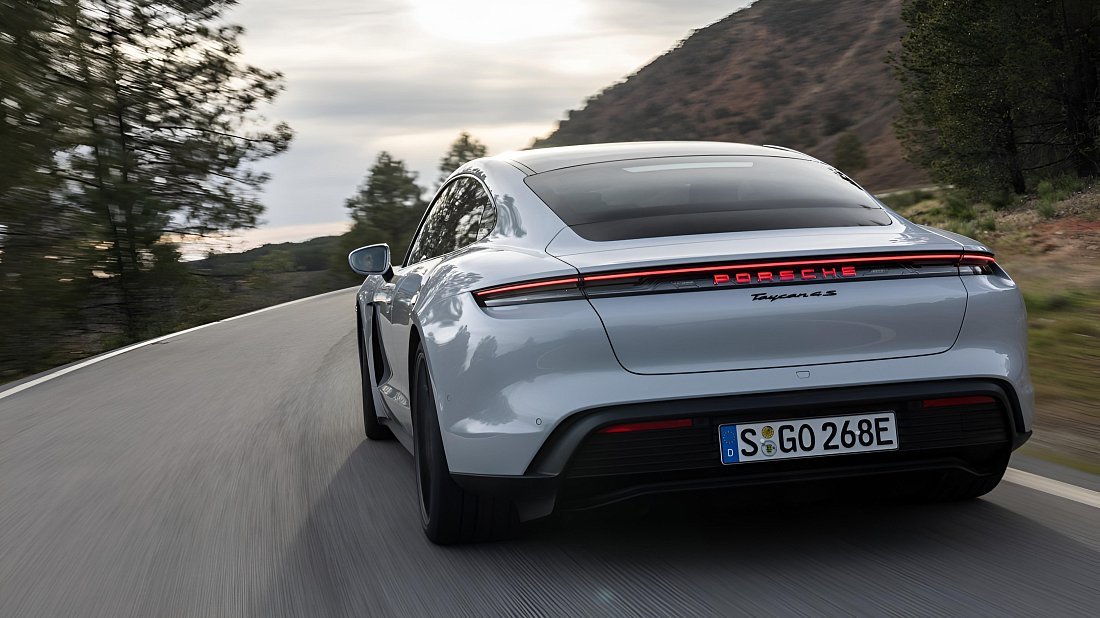 Porsche Taycan 4 (2024-…) rear view, taillights, trunk, spoiler, badge, bumper, exterior