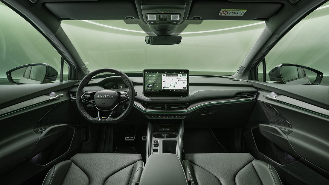 Škoda Enyaq Coupe RS (2025-...) interior photo, front seat, driver seat, dashboard, steering wheel, infotainment, cockpit