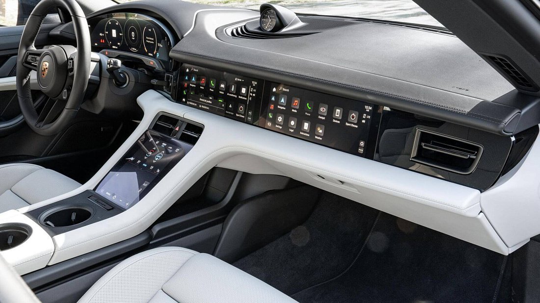 Porsche Taycan Turbo S Cross Turismo (2021-2024) interior photo, front seat, driver seat, dashboard, steering wheel, infotainment, cockpit