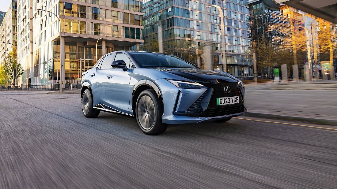 Lexus RZ 450e (2022-…) front view, front quarter, diagonal, exterior