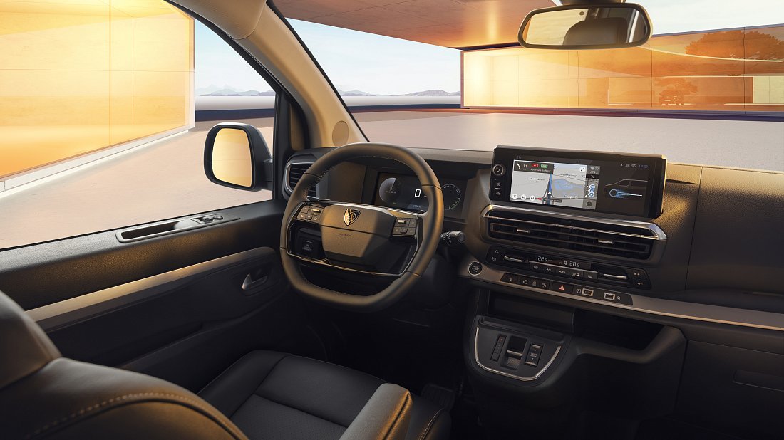 Peugeot e-Traveller L3 75 kWh (2024-...) interior, front seat, driver seat, dashboard, steering wheel, infotainment, cockpit