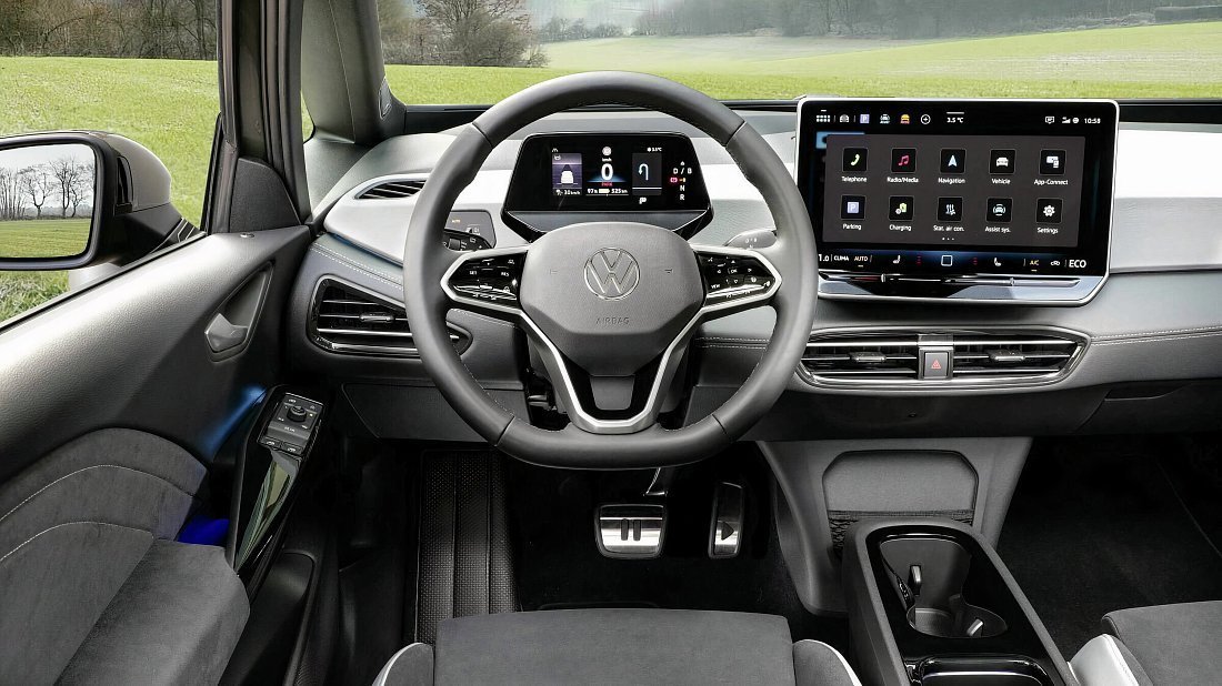 Volkswagen ID.3 Pro S (2024-…) interior, front seat, driver seat, dashboard, steering wheel, infotainment, cockpit