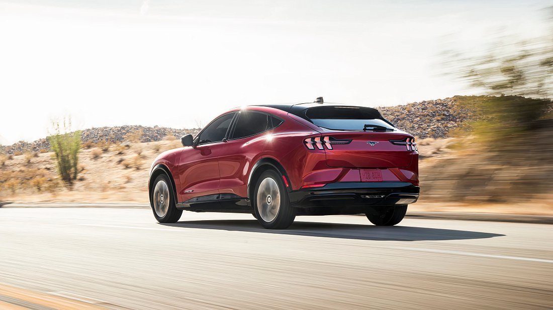 Ford Mustang Mach-E Standard Range AWD (2020-2022) rear quarter, three-quarter view, diagonal, exterior