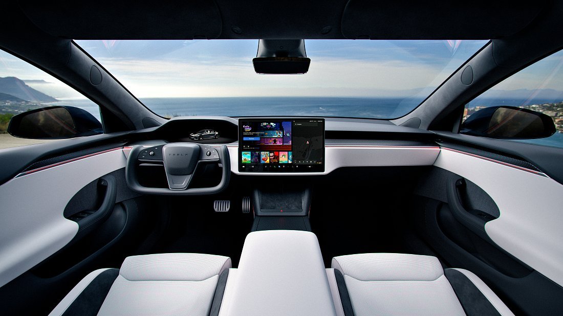 Tesla Model S Dual Motor (2025-…) interior, front seat, driver seat, dashboard, steering wheel, infotainment, cockpit