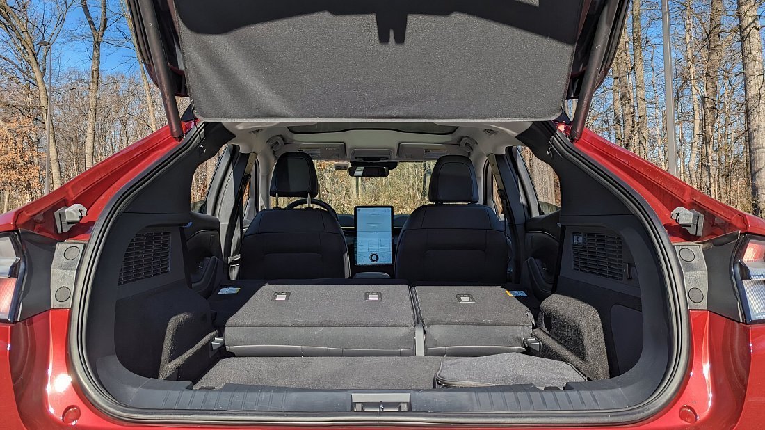 Ford Mustang Mach-E Standard Range RWD (2022-2023) trunk, boot, expanded, folded seats, maximum volume, max cargo, max capacity, max storage