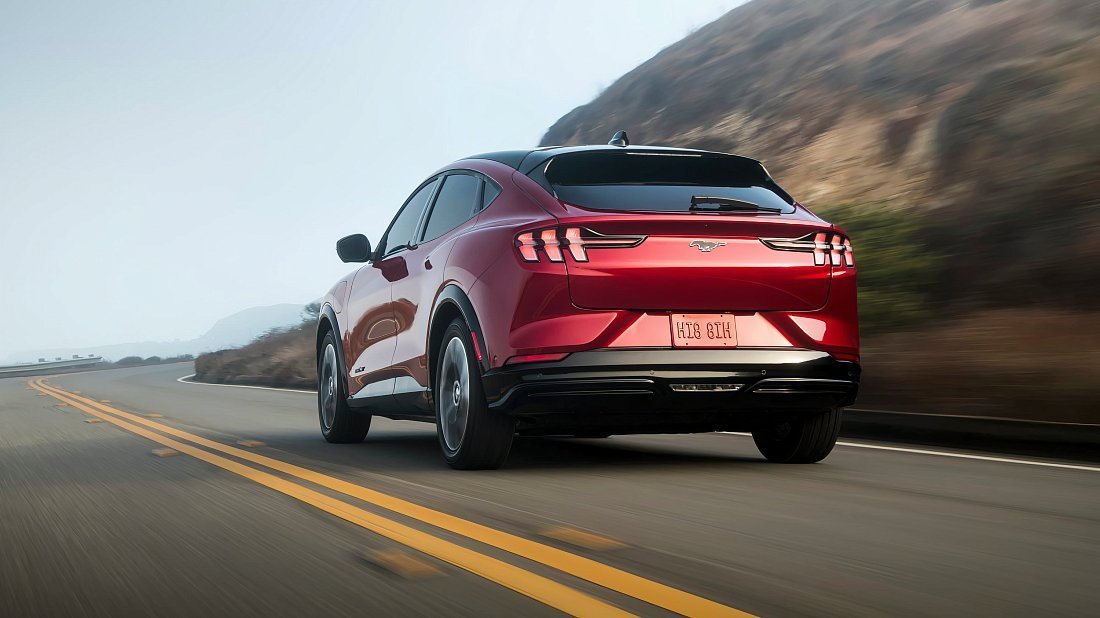 Ford Mustang Mach-E Extended Range AWD (2023-…) rear view, taillights, trunk, spoiler, badge, bumper, exterior
