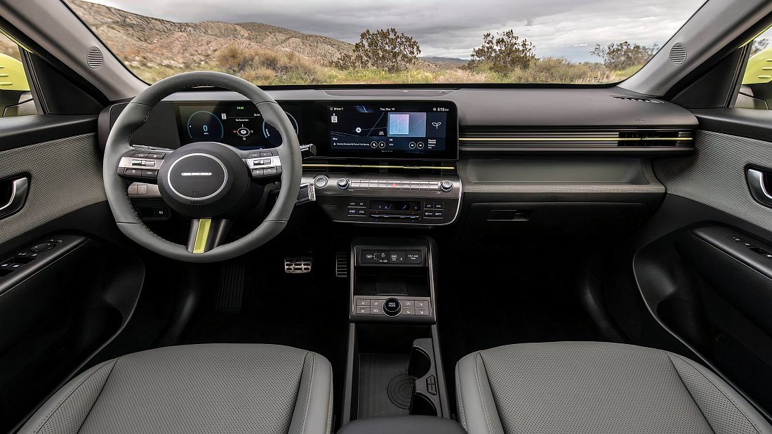 Hyundai Kona Electric Long Range (2023-…) interior, front seat, driver seat, dashboard, steering wheel, infotainment, cockpit