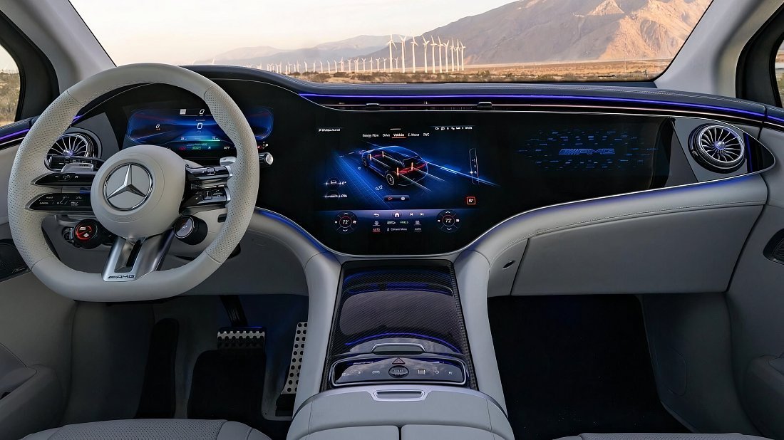 Mercedes EQE SUV AMG 43 4MATIC (2022-…) interior photo, front seat, driver seat, dashboard, steering wheel, infotainment, cockpit
