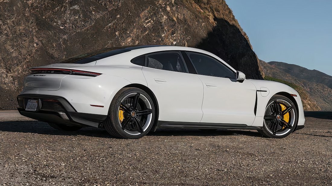 Porsche Taycan Turbo (2020-2024) rear quarter, three-quarter view, diagonal, exterior