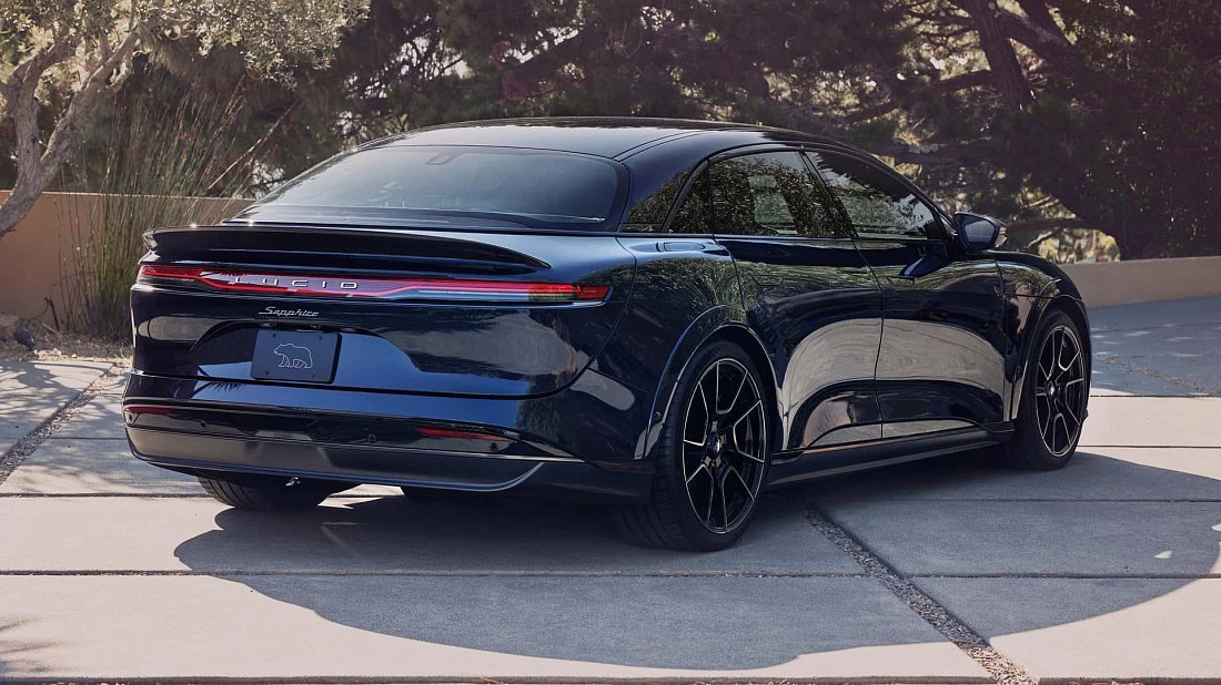 Lucid Air Sapphire (2023-…) rear quarter, three-quarter view, diagonal, exterior