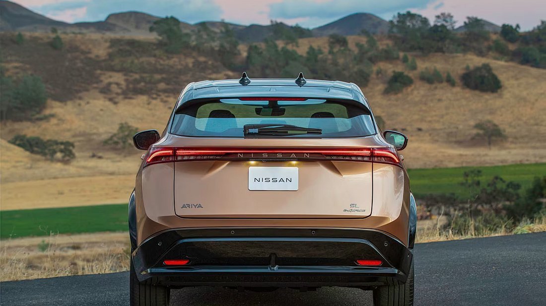 Nissan Ariya 63 kWh e-4ORCE AWD (2021-…) rear view, taillights, trunk, spoiler, badge, bumper, exterior