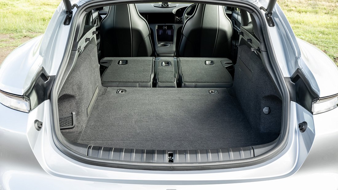 Porsche Taycan RWD Sport Turismo (2022-2024) trunk, boot, expanded, folded seats, maximum volume, max cargo, max capacity, max storage