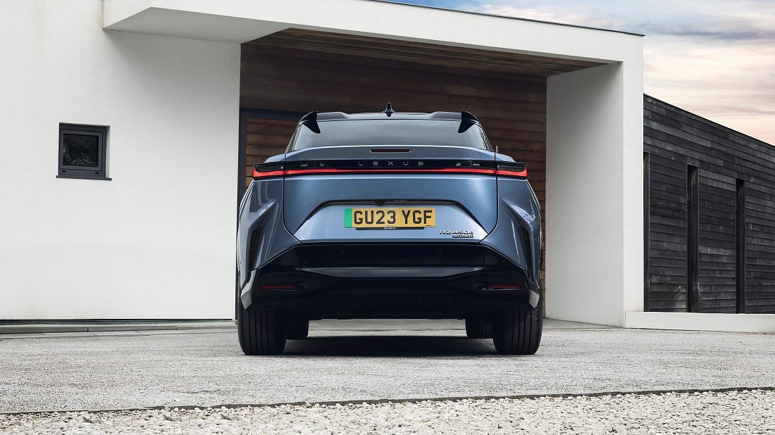 Lexus RZ 350e (2025-…) rear view, taillights, trunk, spoiler, badge, bumper, exterior