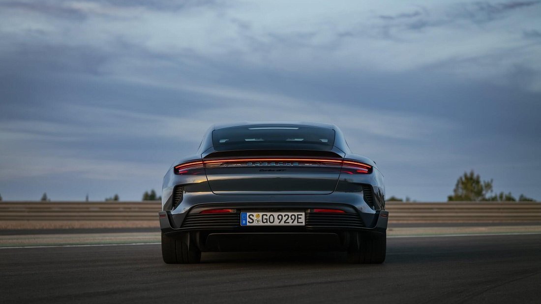 Porsche Taycan Turbo GT (2024-…) rear view, taillights, trunk, spoiler, badge, bumper, exterior