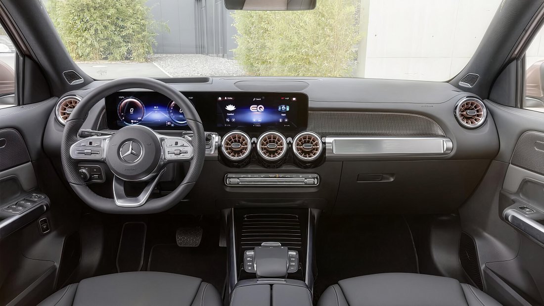 Mercedes EQB 250 (2022-2023) interior photo, front seat, driver seat, dashboard, steering wheel, infotainment, cockpit