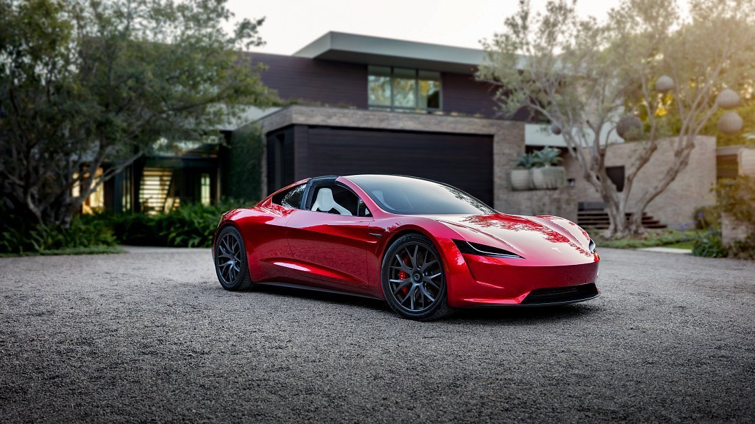 Tesla Roadster 2025 front view, front quarter, diagonal, exterior