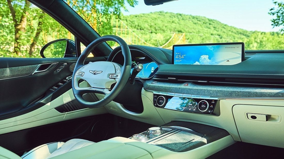Genesis Electrified G80 AWD (2022-…) interior, front seat, driver seat, dashboard, steering wheel, infotainment, cockpit