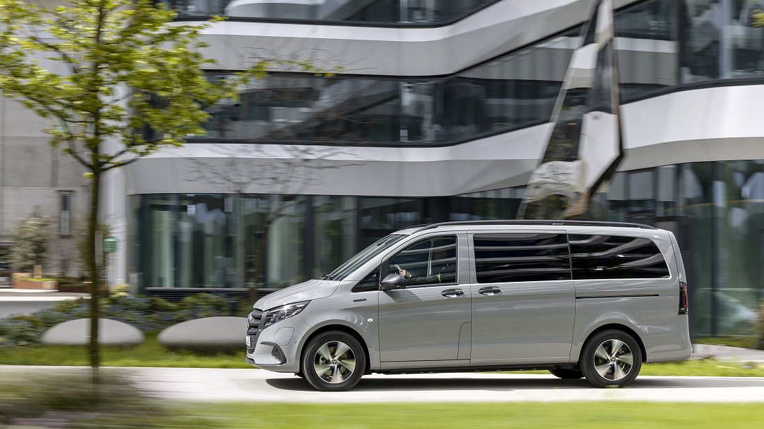 Mercedes eVito Tourer Long 60 kWh (2024-...) side profile photo, silhouette, doors, wheels, exterior