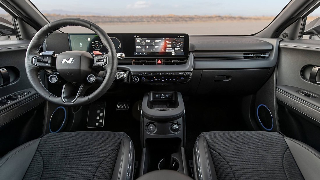 Hyundai Ioniq 5 N (2023-…) interior, front seat, driver seat, dashboard, steering wheel, infotainment, cockpit
