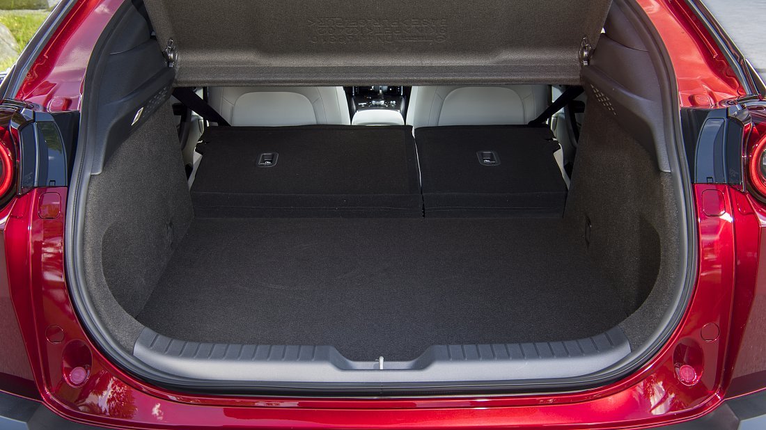 Mazda MX-30 Electric (2020-…) trunk, boot, expanded, folded seats, maximum volume, max cargo, max capacity, max storage