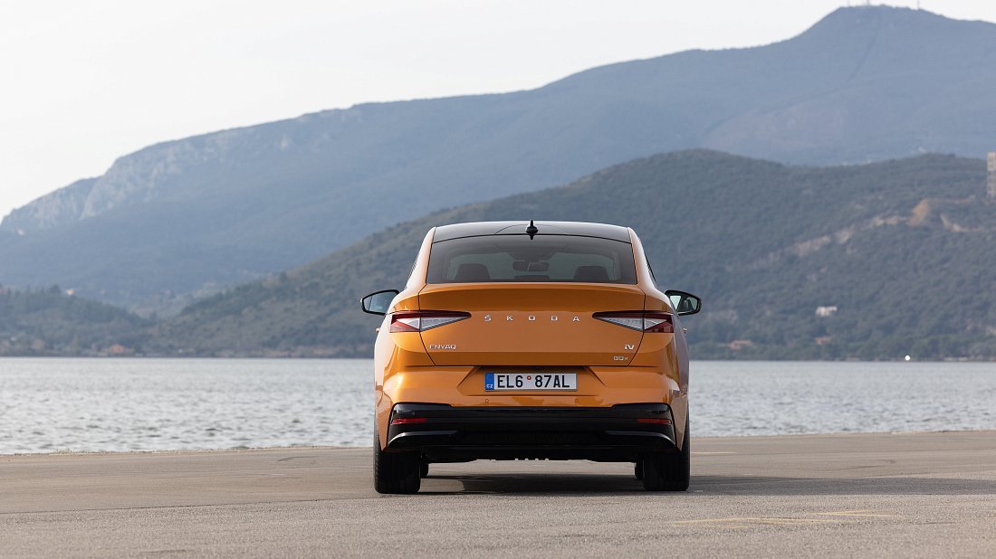 Škoda Enyaq Coupe 85 (2023-2025) rear view, taillights, trunk, spoiler, badge, bumper, exterior