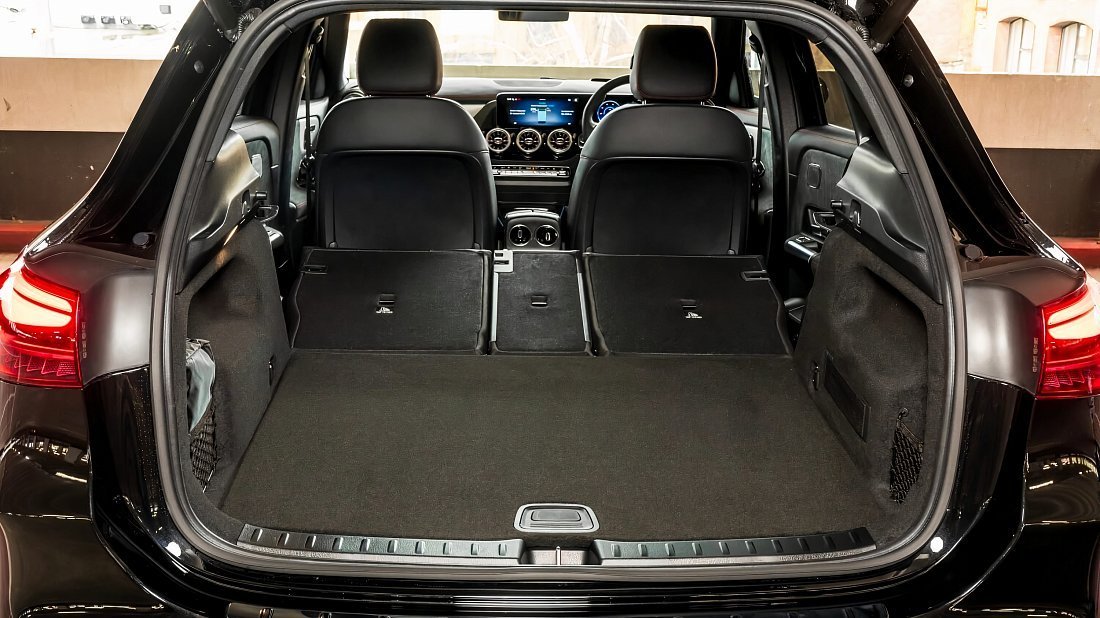 Mercedes EQA 250 (2023-…) folded trunk photo, boot, expanded, folded seats, maximum volume, max cargo, max capacity, max storage