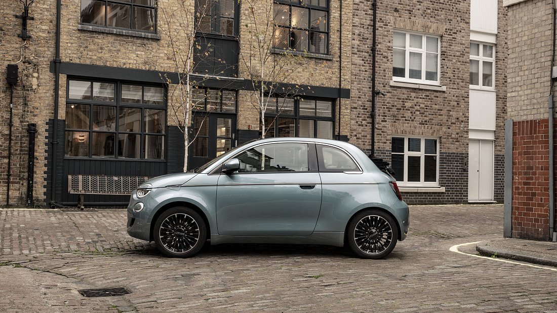 Fiat 500e Cabrio 24 kWh (2022-…) side profile photo, silhouette, doors, wheels, exterior