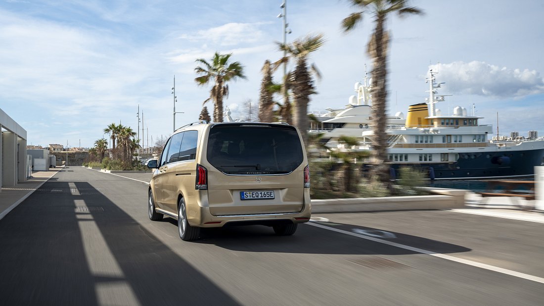 Mercedes EQV 300 Long (2024-...) rear view photo, taillights, trunk, spoiler, badge, bumper, exterior