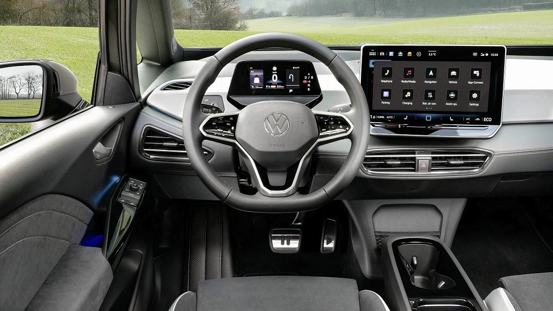 Volkswagen ID.3 Pro (2024-…) interior, front seat, driver seat, dashboard, steering wheel, infotainment, cockpit