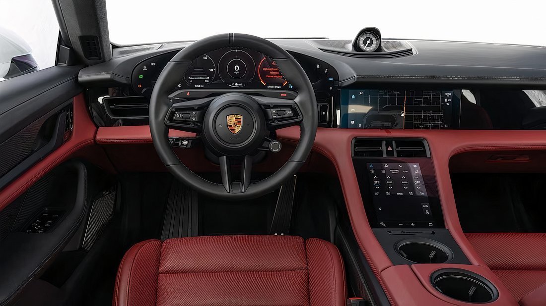 Porsche Taycan Turbo (2020-2024) interior, front seat, driver seat, dashboard, steering wheel, infotainment, cockpit