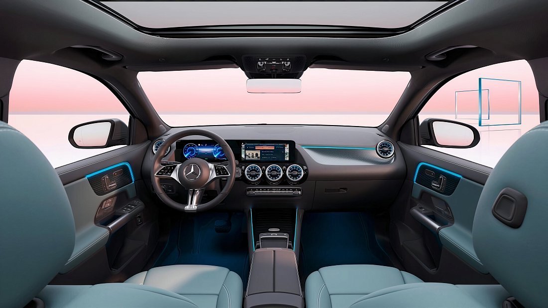 Mercedes EQB 300 4MATIC (2023-…) interior, front seat, driver seat, dashboard, steering wheel, infotainment, cockpit
