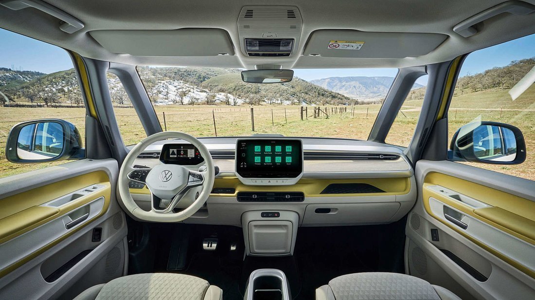 Volkswagen ID.Buzz Pro (2024-...) interior, front seat, driver seat, dashboard, steering wheel, infotainment, cockpit