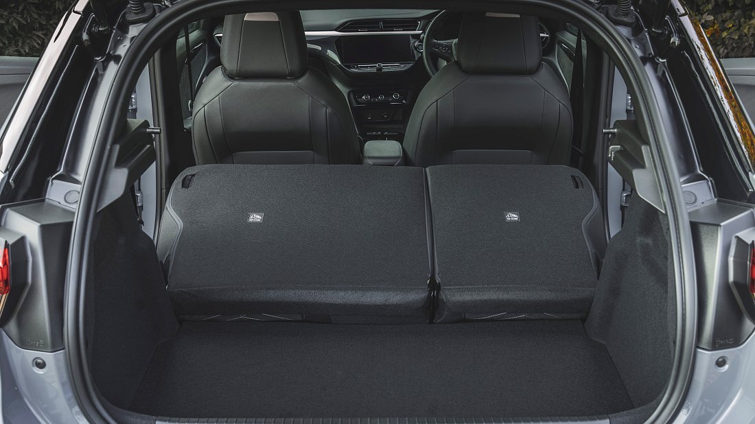 Opel Corsa Electric 51 kWh (2023-…) trunk, boot, expanded, folded seats, maximum volume, max cargo, max capacity, max storage