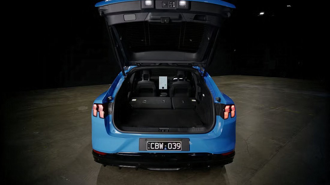 Ford Mustang Mach-E GT (2023-…) trunk, boot, expanded, folded seats, maximum volume, max cargo, max capacity, max storage