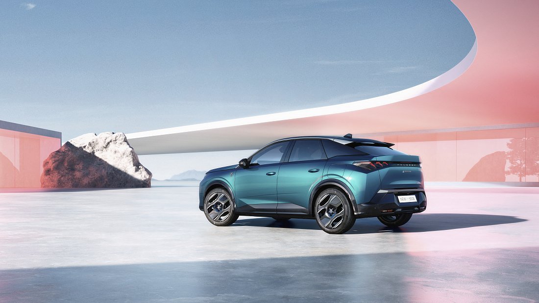 Peugeot e-3008 98 kWh Long Range FWD (2024-…) rear quarter, three-quarter view, diagonal, exterior