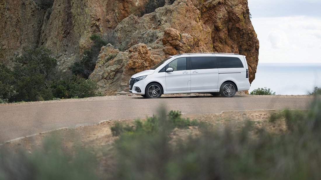 Mercedes EQV 300 Long (2020-2024) side profile, silhouette, doors, wheels, exterior