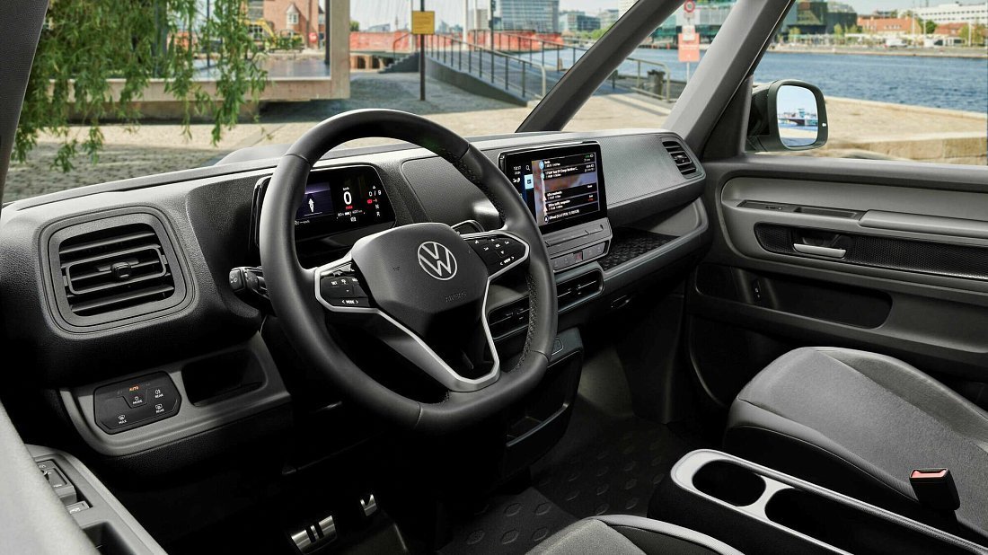 Volkswagen ID.Buzz Cargo Pro 4MOTION (2024-…) interior, front seat, driver seat, dashboard, steering wheel, infotainment, cockpit