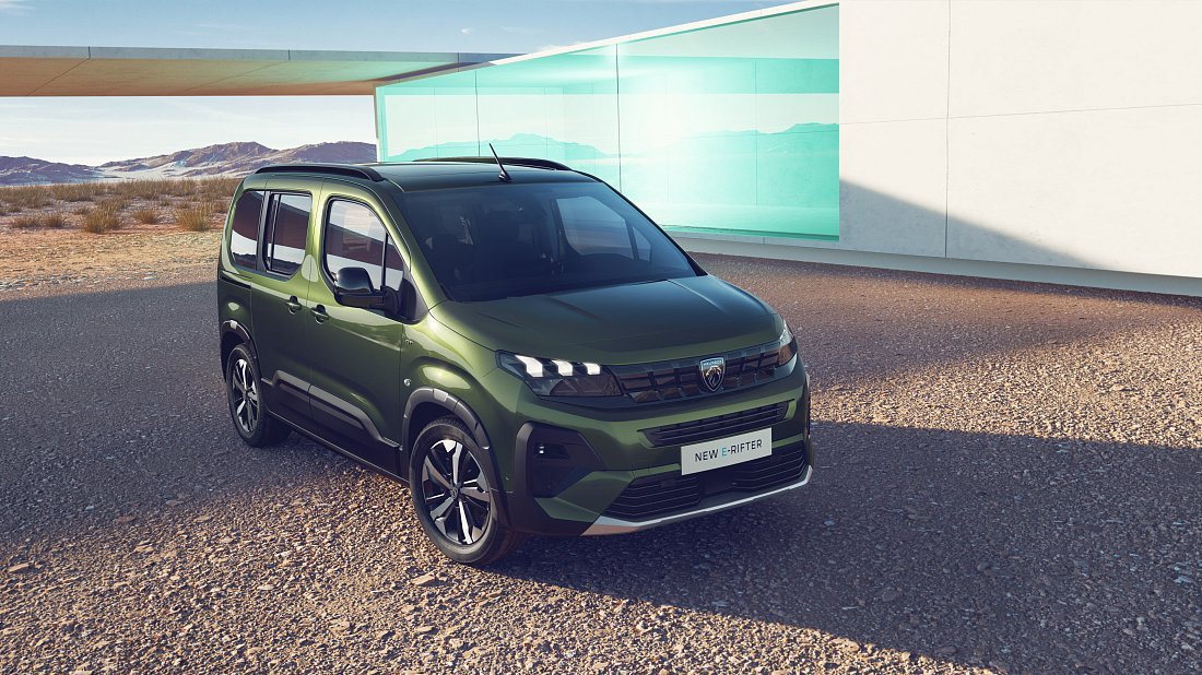 Peugeot e-Rifter M 50 kWh (2024-...) front view, front quarter, diagonal, exterior