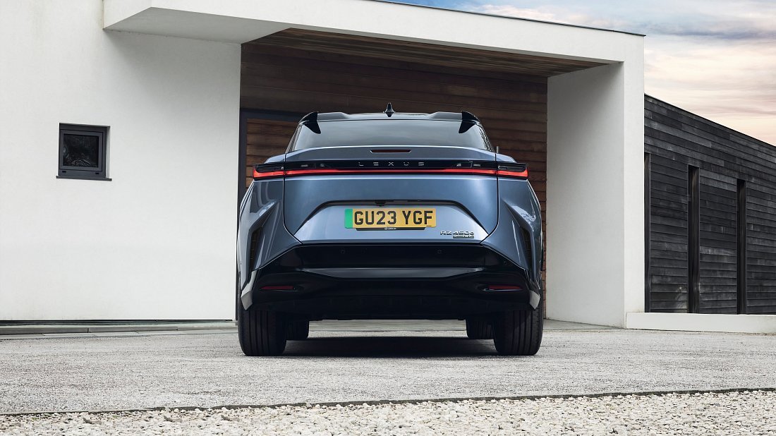 Lexus RZ 300e (2024-…) rear view photo, taillights, trunk, spoiler, badge, bumper, exterior