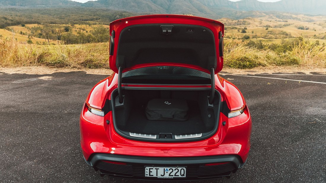 Porsche Taycan GTS (2024-...) trunk photo, boot, seats up, seats upright, cargo space, cargo volume, cargo capacity, storage
