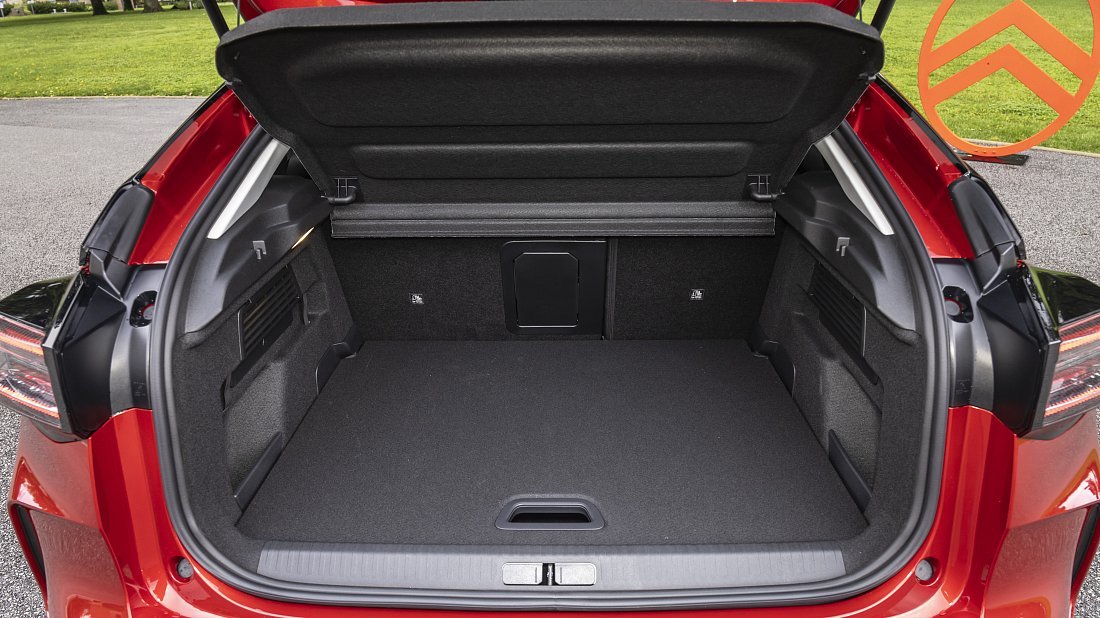 Citroën e-C4 50 kWh (2024-…) trunk, boot, seats up, seats upright, cargo space, cargo volume, cargo capacity, storage