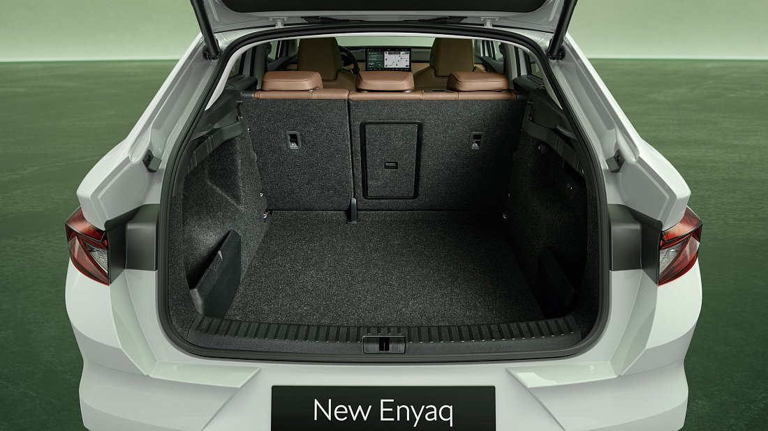 Škoda Enyaq Coupe 85x (2025-…) trunk photo, boot, seats up, seats upright, cargo space, cargo volume, cargo capacity, storage